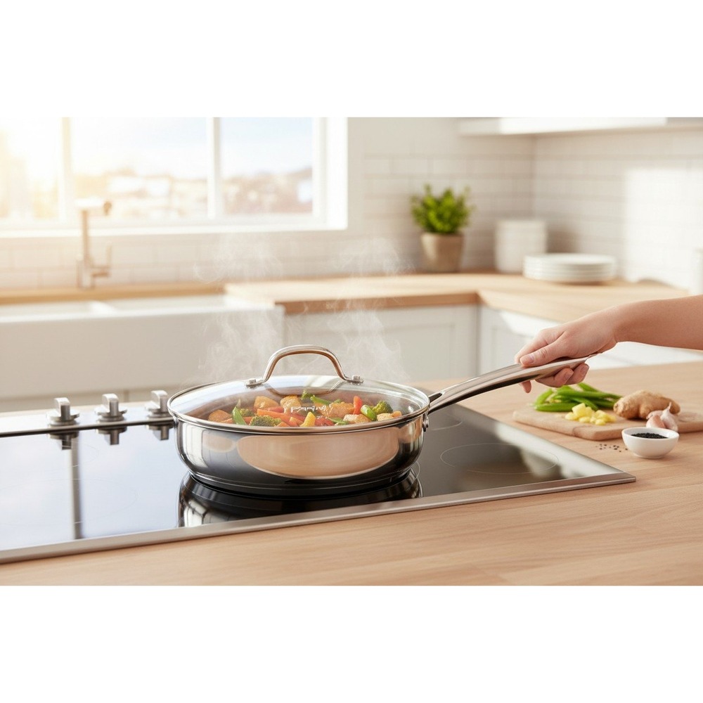 Parini Sauté Pan Unisex 9.5 Inch Silver Brand New Stainless Steel Glass Lid